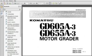 Komatsu Motor Grader GD605A-3 GD655A-3 Operator & Maintenance Manual SN