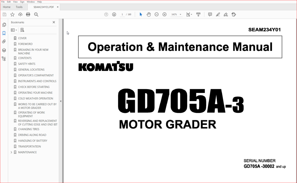 Komatsu Motor Grader GD705A-3 Operator & Maintenance Manual SN 30002