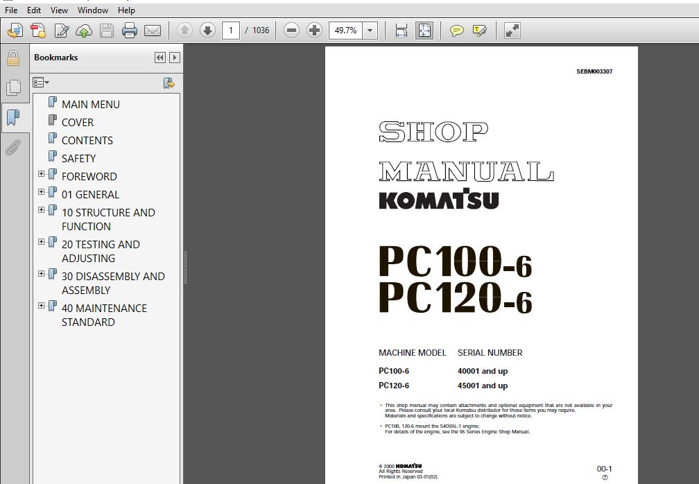 Komatsu PC100-6 PC120-6 Shop Manual SEBD003307 - PDF DOWNLOAD