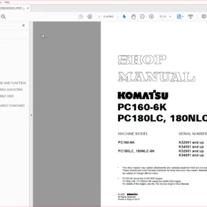 Komatsu PC160-6K, PC180LC-6K, PC180NLC-6K Hydraulic Excavator Shop Manual SN K32001, K34001 and up - PDF DOWNLOAD
