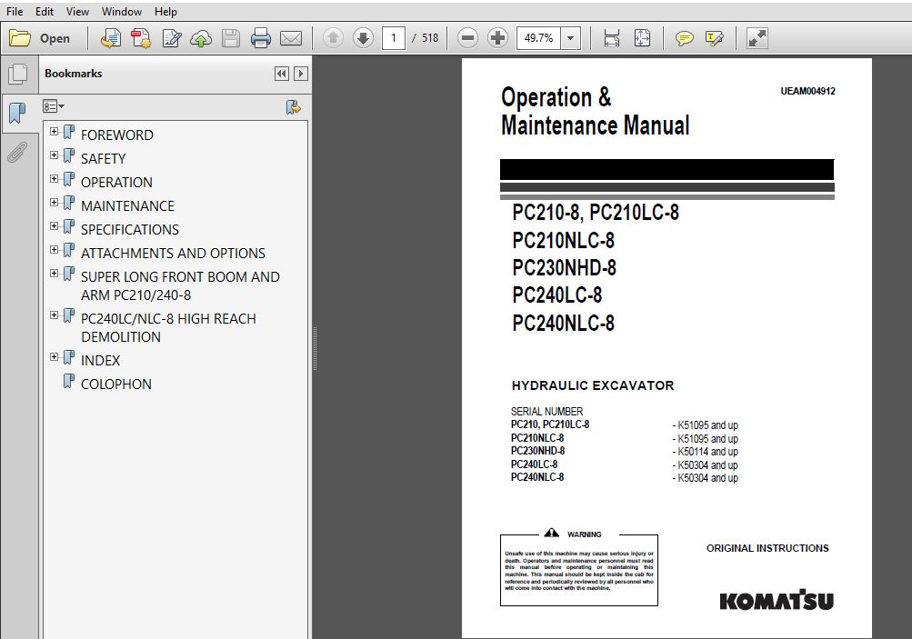 Komatsu HYDRAULIC EXCAVATOR PC210-8, PC210LC-8 PC210NLC-8 PC230NHD-8 ...