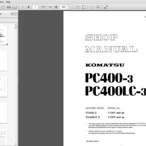Komatsu PC400-3, PC400LC-3  Hydraulic Excavator Shop Manual 11001 and up - PDF DOWNLOAD