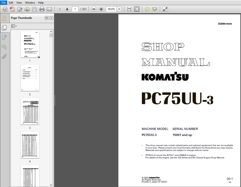 Komatsu PC75UU-3 Hydraulic Excavator Shop Manual 15001 and up - PDF