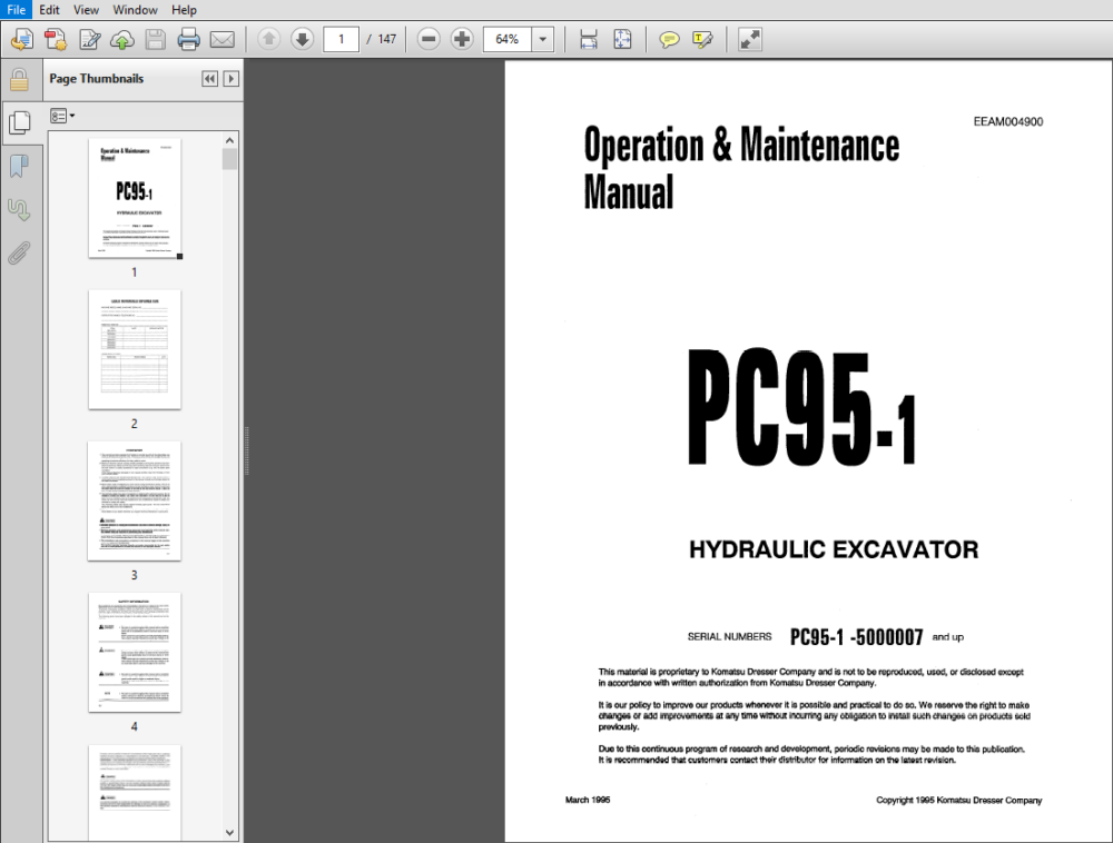 Komatsu PC95-1 Hydraulic Excavator Operation & Maintenance Manual