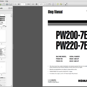 Komatsu PW200-7E0, PW220-7E0 Wheeled Excavator Shop Manual H55051,  H65051 and up - PDF DOWNLOAD