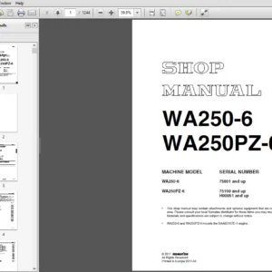 Komatsu WA250-6, WA250PZ-6 up Wheel Loader Shop Manual 75001, 75160 and up, H00051 and up - DOWNLOAD
