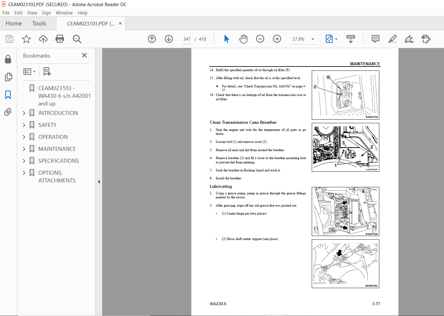 Komatsu WA430-6 Wheel Loader Operation & Maintenance Manual SN A42001 ...