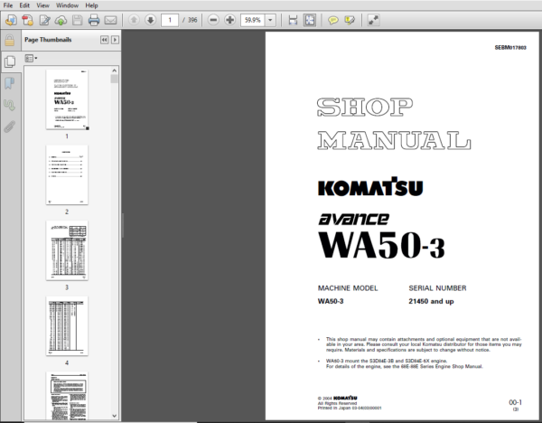 Komatsu WA50-3 Avance Wheel Loader Shop Manual 21450 and up - PDF