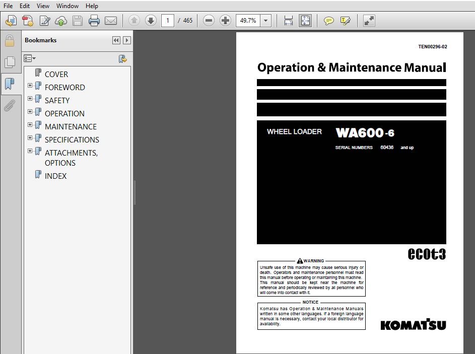 Komatsu WA600-6 Wheel Loader Operation & Maintenance Manual 60436 and