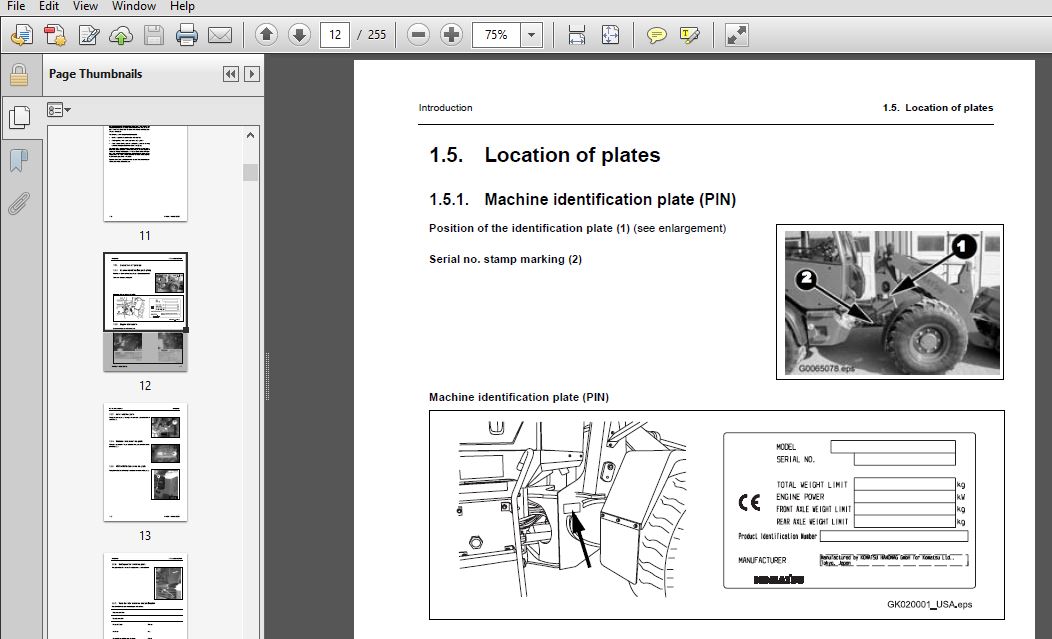 Komatsu WA70-5 Wheel Loader Operation & Maintenance Manual H50051 and