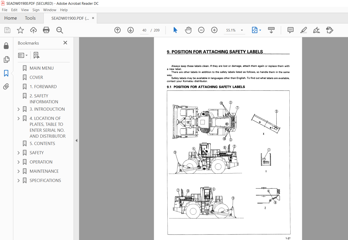 Komatsu WD600-1H Wheel Dozer Operation & Maintenance Manual SN 10169