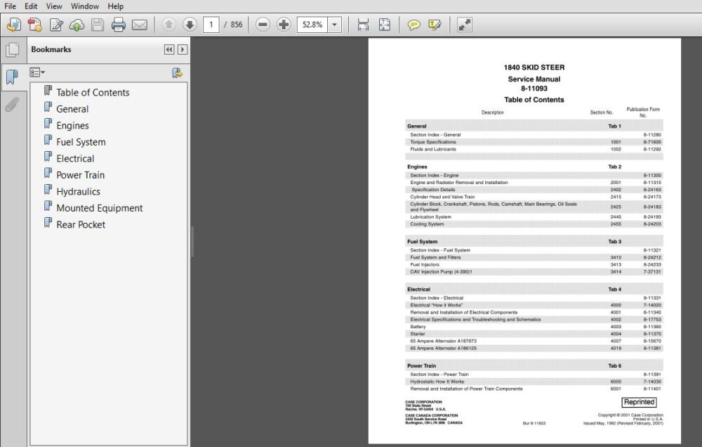 Case 1840 Skid Steer Service Repair Manual (8-11093) Case 1840 - PDF