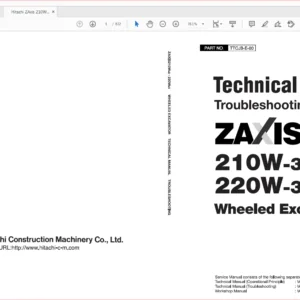 Hitachi ZX 210W-3 220W-3 Excavator Operational Principle+Troubleshooting+Workshop Manual - DOWNLOAD