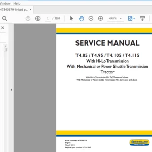 New Holland T4.85 T4.95 T4.105 T4.115 With Hi-Lo Trans With Mechanical or Power Shuttle Trans Tractor Service Manual - Download