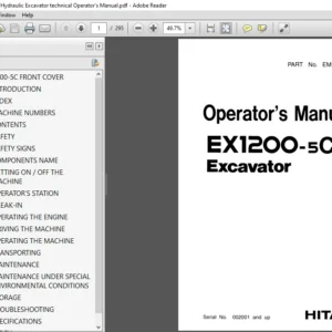 Hitachi EX1200-5C Hydraulic Excavator technical Operator's Manual (EM18E-EN1-1)  - PDF Download