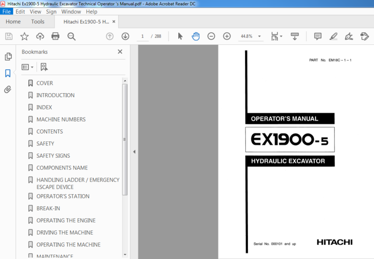 Hitachi Ex1900-5 Hydraulic Excavator Technical Operator 's Manual ...
