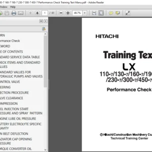 Hitachi LX 110-7 130-7 160-7 190-7 230-7 300-7 450-7 Performance Check Training Text Manual (TTLA-0491-LX) - PDF Download