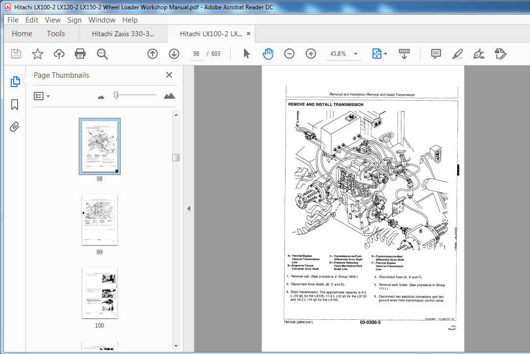 Hitachi LX100-2 LX120-2 LX150-2 Wheel Loader Workshop Manual (W482E-02 ...