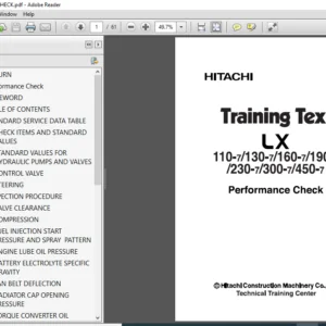 Hitachi LX110-7 LX130-7 LX160-7 LX190-7 LX230-7 LX300-7 LX450-7 Performance Check Training Text Manual (TTLA-0491-LX)