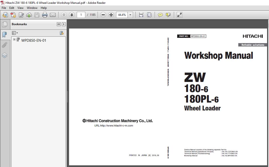 Hitachi ZW180-6 ZW180PL-6 Wheel Loader Workshop Manual (WPD850-EN-01 ...