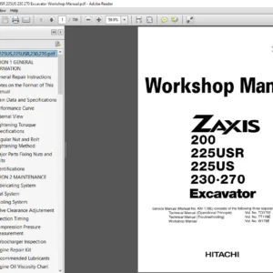 Hitachi Zaxis 200 225USR 225US 230 270 Excavator Workshop Manual - PDF DOWNLOAD