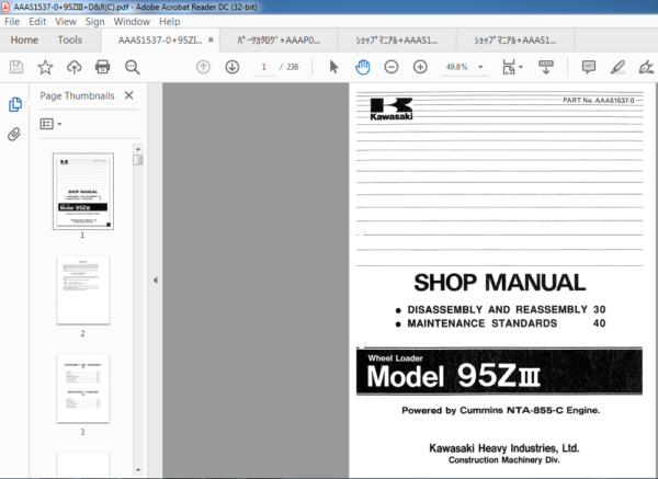 Kawasaki Wheel Loader 95Z3 Workshop Manual + Parts Manual + Circuit