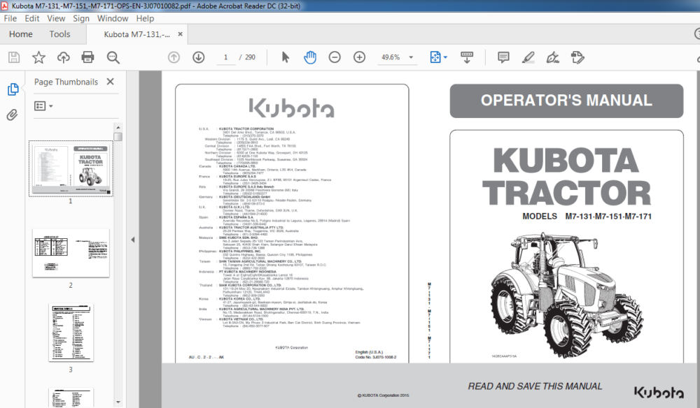 Kubota M7-131·M7-151·M7-171 Tractor Operator's Manual - PDF DOWNLOAD ...