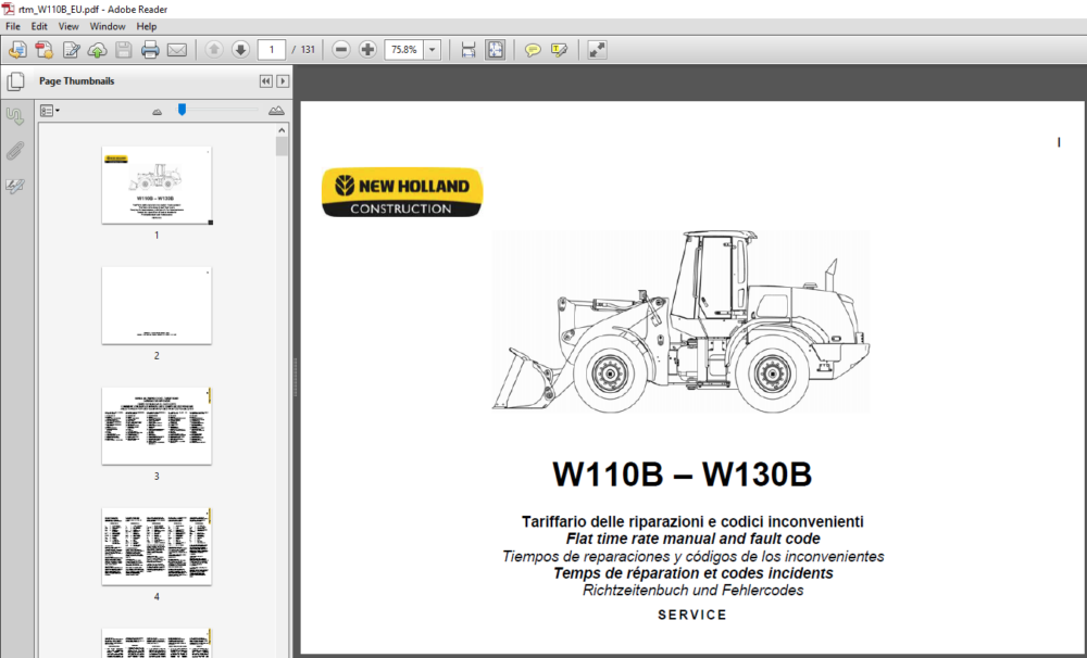 New Holland W110B W130B Wheel Loader Service Repair Manual (87751671 ...