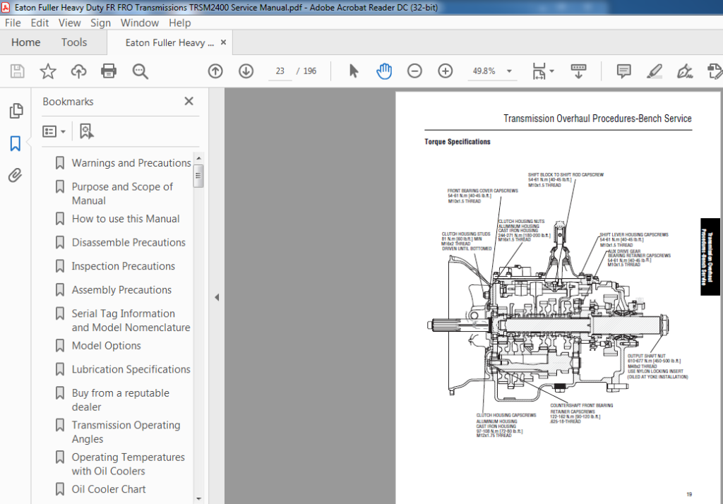 Eaton Fuller Heavy Duty FR FRO Transmissions TRSM2400 Service Manual ...