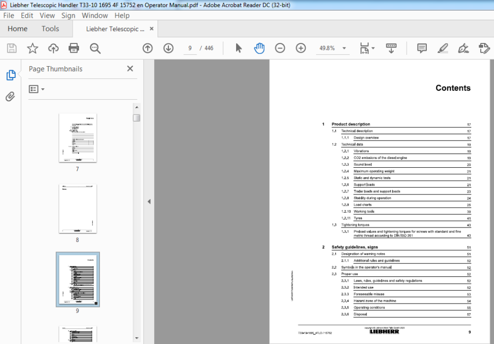 Liebherr Telescopic Handler T33-10 1695 4F 15752 en Operator Manual ...