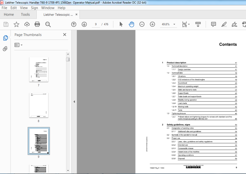 Liebherr Telescopic Handler T60-9 1709 4FS 15682en Operator Manual ...