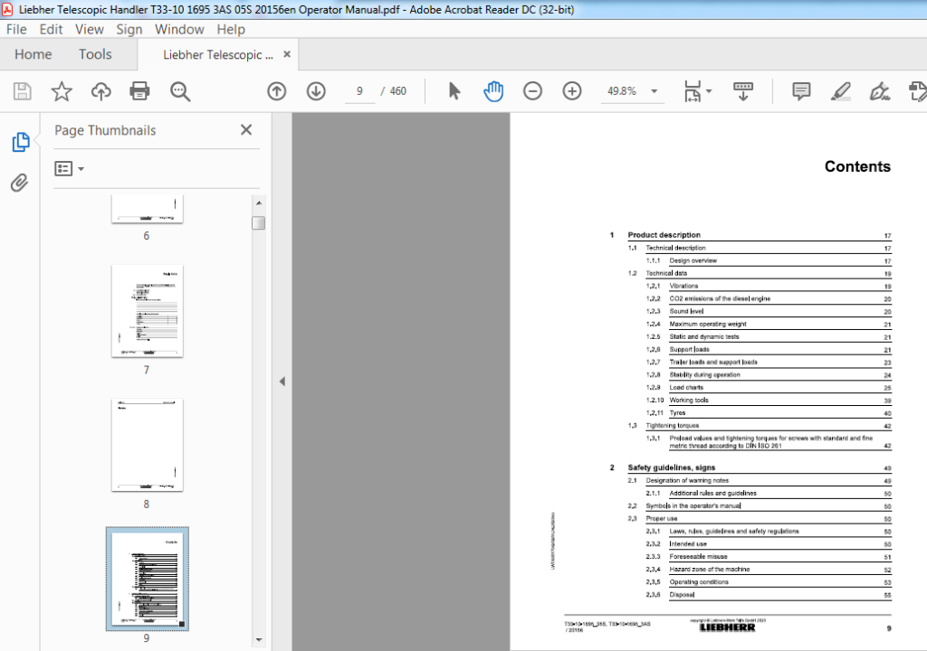 Liebherr Telescopic Handler T33-10 1695 3AS 05S 20156en Operator Manual ...