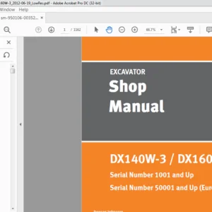 Doosan DX140W-3 DX160W-3 Excavator Shop Manual 950106-00352E - PDF DOWNLOAD