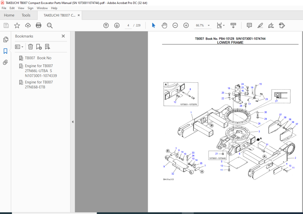 Takeuchi Tb007 Compact Excavator Parts Manual (sn 10730011074744) - Pdf 