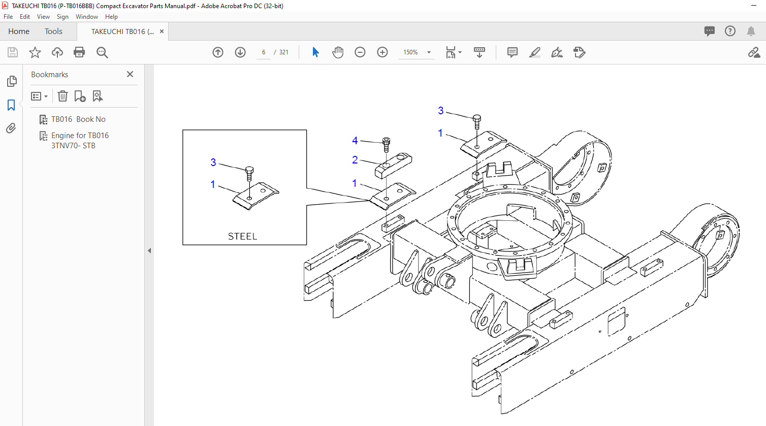 TAKEUCHI TB016 (P-TB016BBB) Compact Excavator Parts Manual - PDF