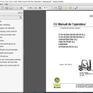 Clark Forklift C152, P152, C232, P232, P455, P680 French OM-864 Operator's Manual