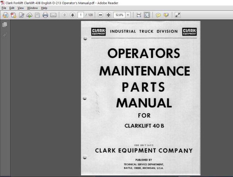 Clark Forklift Clarklift 40B English O-213 Operator's Manual ...