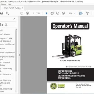 Clark Forklift TMX250, ECX360, GEX162, GEX230, GTX162 English OM-1040 Operator's Manual