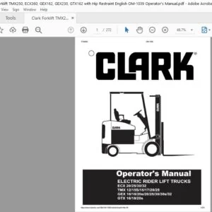 Clark Forklift TMX250, ECX360, GEX162, GEX230, GTX162 with Hip Restraint English OM-1039 Operator's Manual