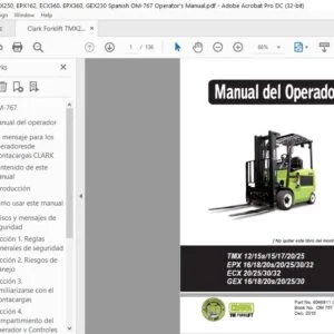 Clark Forklift TMX250, EPX162, ECX360. EPX360, GEX230 Spanish OM-767 Operator's Manual