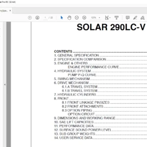 DAEWOO DOOSAN Excavator Solar 290LC-V engine specsheet manual   - PDF DOWNLOAD