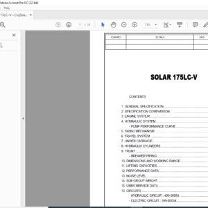DAEWOO DOOSAN SOLAR 175LC V EXCAVATOR ENGINE SPECSHEET MANUAL  - PDF DOWNLOAD