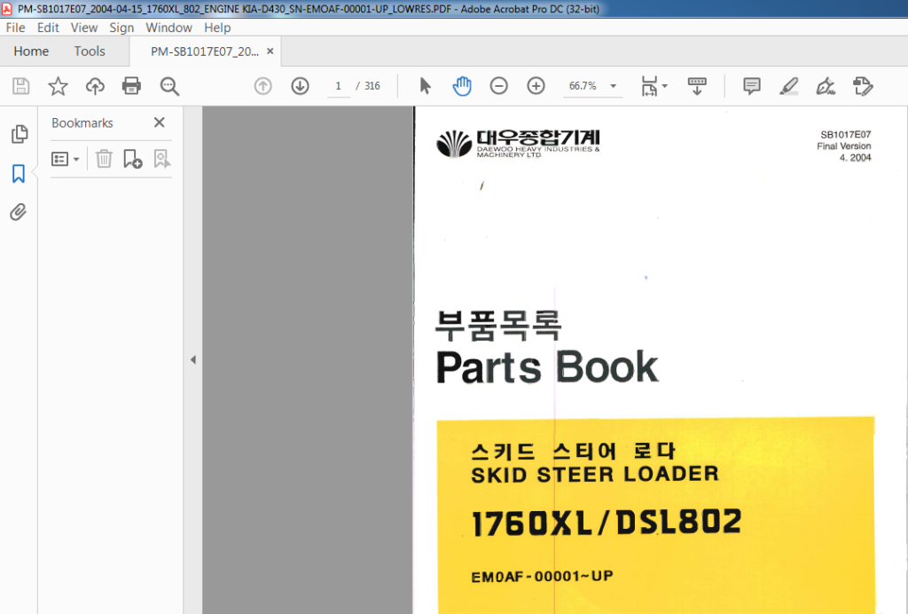 Daewoo Doosan 1760XL DSL802 Skid Steer Loader Parts Manual - PDF