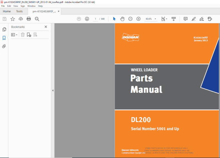 Daewoo Doosan DL200 Wheel Loader Parts Manual K1024536FEF - PDF