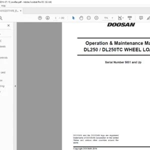 Daewoo Doosan DL250 DL250TC Wheel Loader Operation & Maintenance Manual K1023774FE - PDF DOWNLOAD
