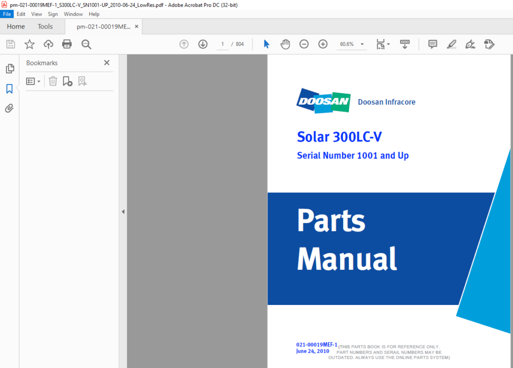 Daewoo Doosan Excavator Solar 300LC-V parts Manual Serial Number 1001