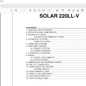 Daewoo Doosan Solar 220LL-V Excavator Log Loader Engine SpecSheet Manual  - PDF DOWNLOAD