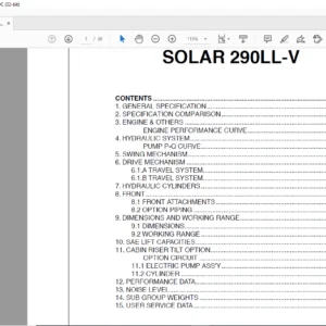 Daewoo Doosan Solar 290LL-V Excavator Log Loader Engine SpecSheet Manual - PDF DOWNLOAD
