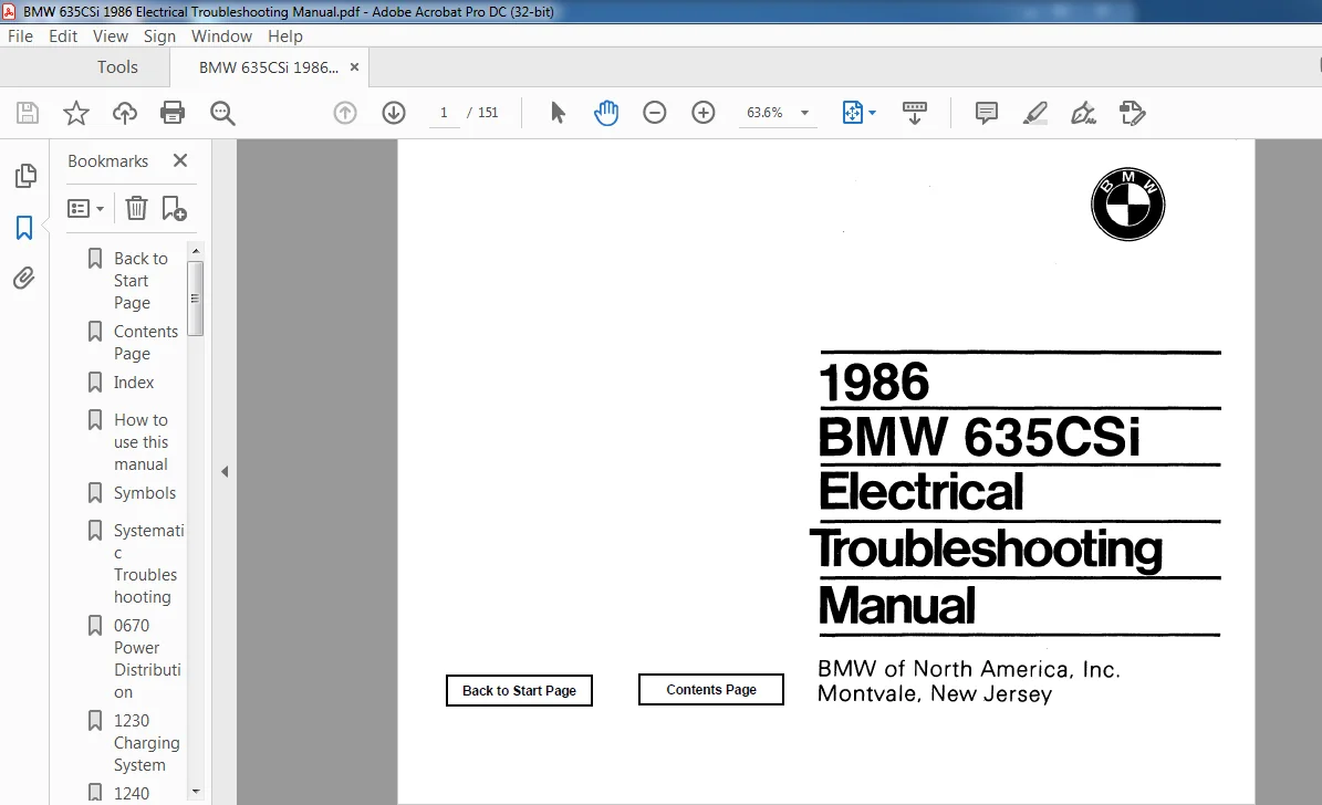 1986 BMW 635CSi Electrical Troubleshooting Manual 