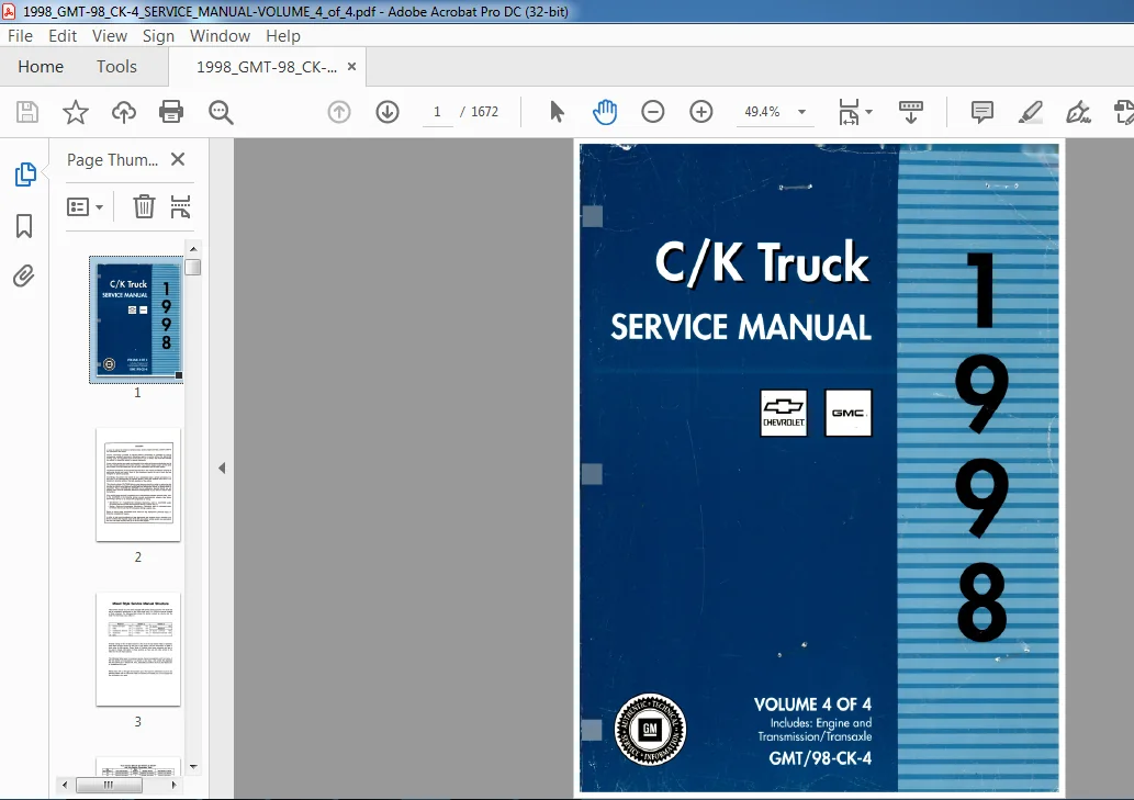 1998 Chevrolet 98 CK 4 Truck Service Manual 